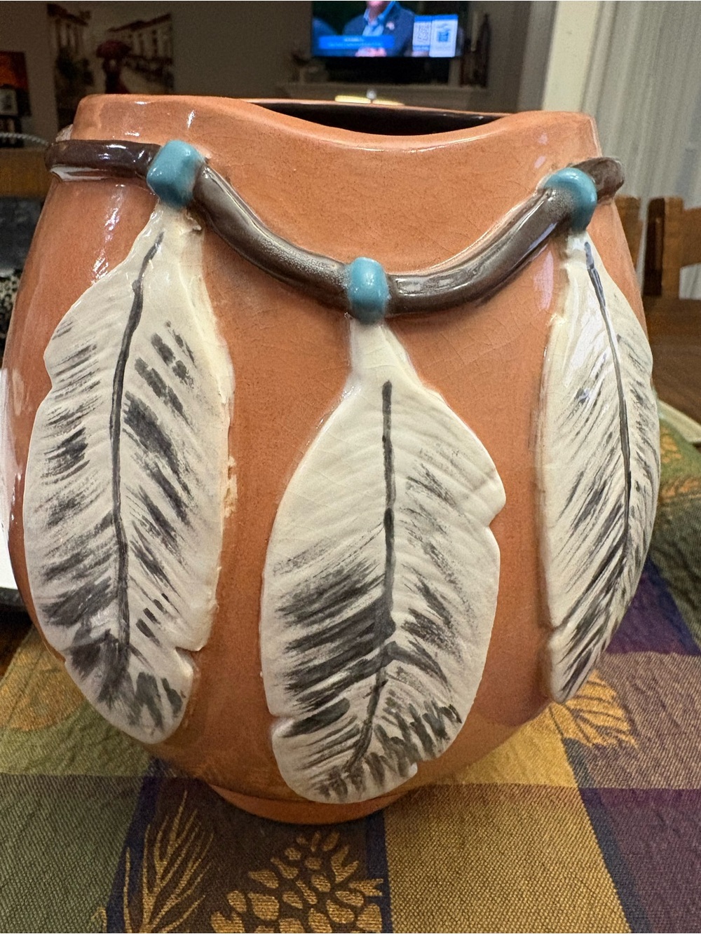 Hand-Painted Terracotta Feather Ceramic Vase with Turquoise Accents